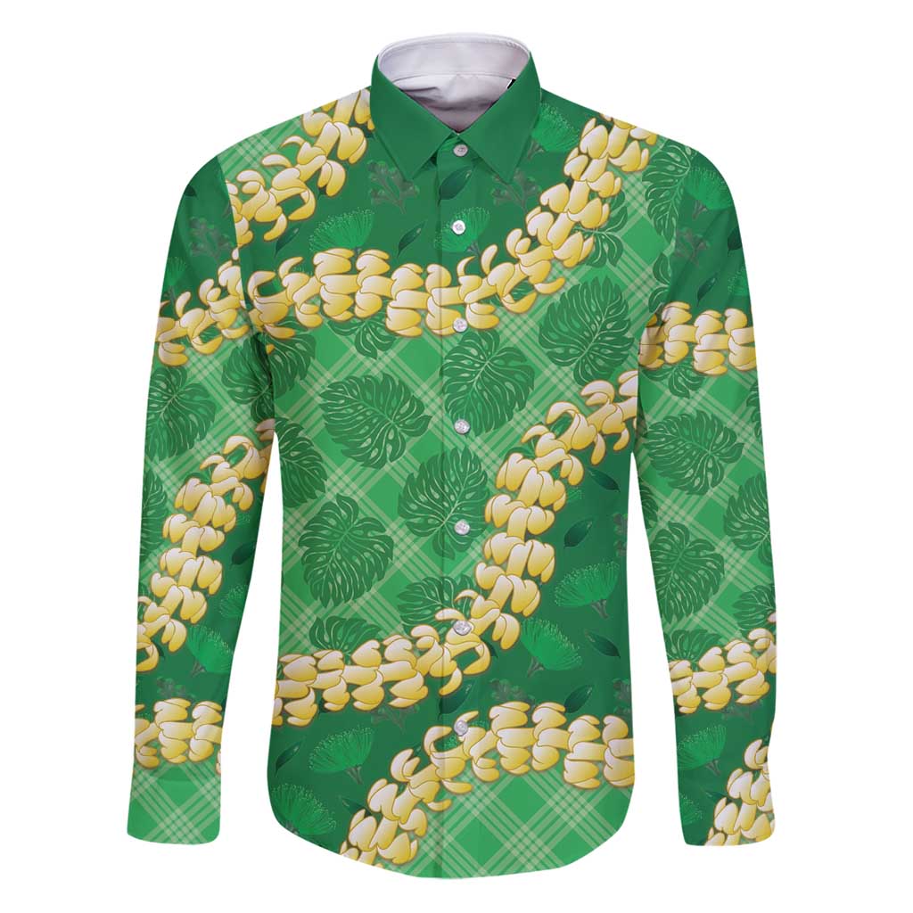 Green Palaka Hawaii Mele Kalikimaka Family Matching Puletasi and Hawaiian Shirt Ohia Lehua Monstera Puakenikeni Lei LT14 Dad's Shirt - Long Sleeve Green - Polynesian Pride