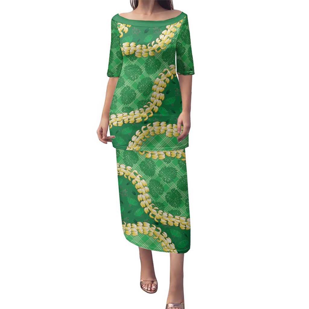 Green Palaka Hawaii Mele Kalikimaka Family Matching Puletasi and Hawaiian Shirt Ohia Lehua Monstera Puakenikeni Lei LT14 Mom's Dress Green - Polynesian Pride