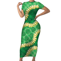 Green Palaka Hawaii Mele Kalikimaka Family Matching Short Sleeve Bodycon Dress and Hawaiian Shirt Ohia Lehua Monstera Puakenikeni Lei LT14 Mom's Dress Green - Polynesian Pride