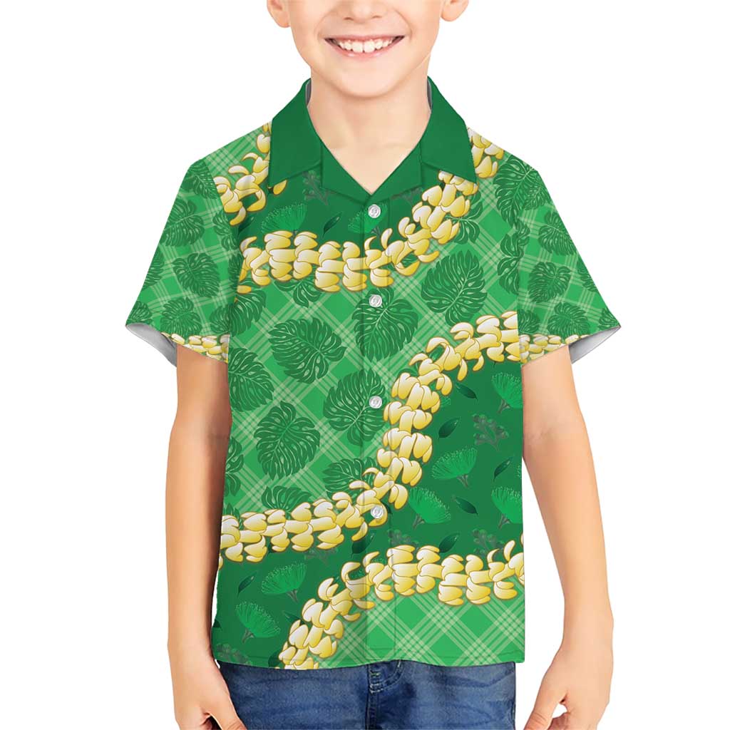 Green Palaka Hawaii Mele Kalikimaka Family Matching Short Sleeve Bodycon Dress and Hawaiian Shirt Ohia Lehua Monstera Puakenikeni Lei LT14 Son's Shirt Green - Polynesian Pride