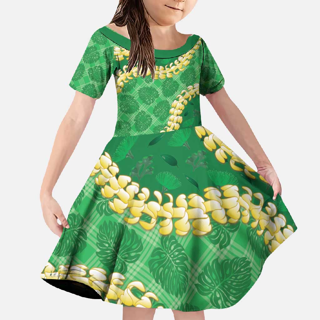 Green Palaka Hawaii Mele Kalikimaka Family Matching Summer Maxi Dress and Hawaiian Shirt Ohia Lehua Monstera Puakenikeni Lei LT14 Daughter's Dress Green - Polynesian Pride