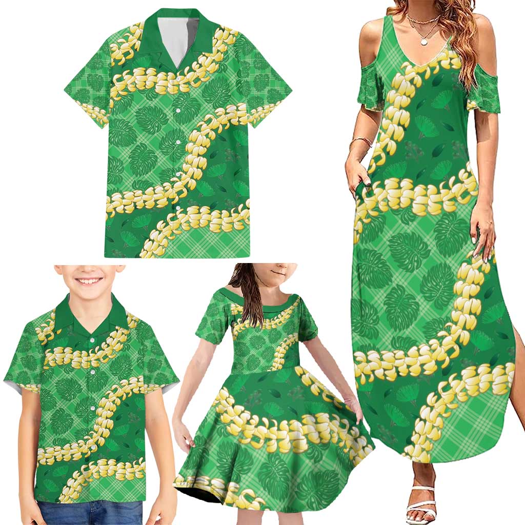 Green Palaka Hawaii Mele Kalikimaka Family Matching Summer Maxi Dress and Hawaiian Shirt Ohia Lehua Monstera Puakenikeni Lei LT14 - Polynesian Pride