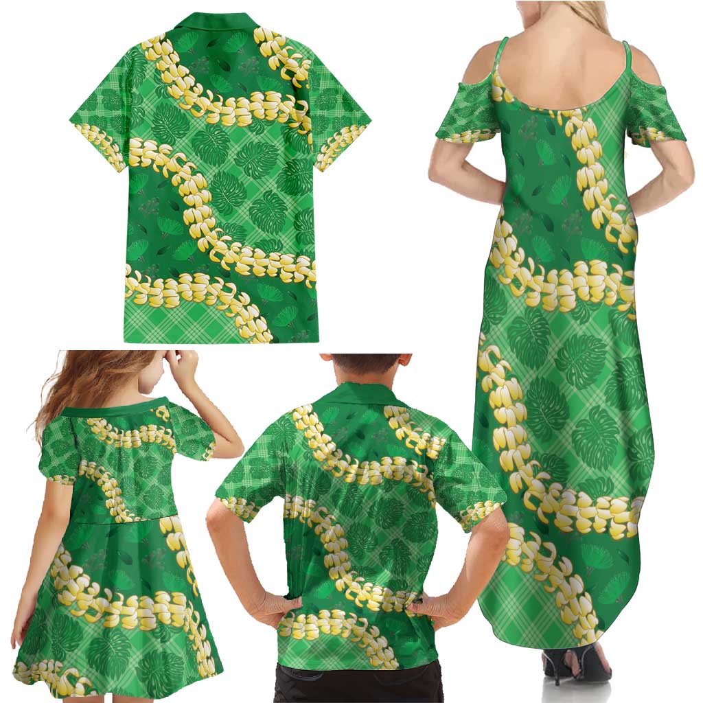 Green Palaka Hawaii Mele Kalikimaka Family Matching Summer Maxi Dress and Hawaiian Shirt Ohia Lehua Monstera Puakenikeni Lei LT14 - Polynesian Pride