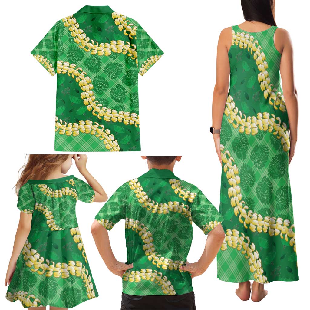 Green Palaka Hawaii Mele Kalikimaka Family Matching Tank Maxi Dress and Hawaiian Shirt Ohia Lehua Monstera Puakenikeni Lei LT14 - Polynesian Pride