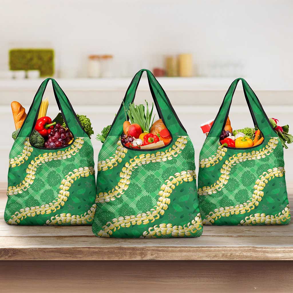 Green Palaka Hawaii Mele Kalikimaka Grocery Bag Ohia Lehua Monstera Puakenikeni Lei - Polynesian Pride