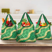 Green Palaka Hawaii Mele Kalikimaka Grocery Bag Ohia Lehua Monstera Puakenikeni Lei - Polynesian Pride