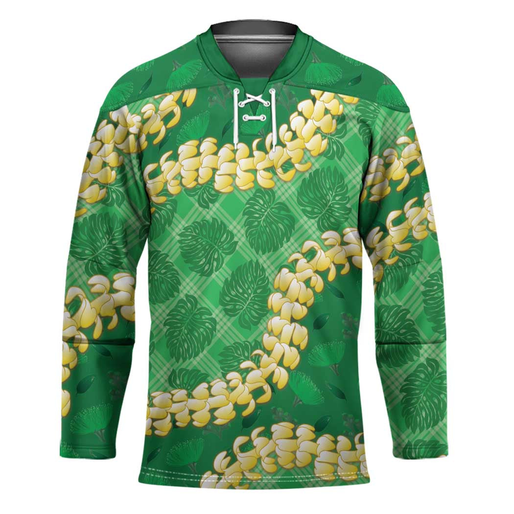 Green Palaka Hawaii Mele Kalikimaka Hockey Jersey Ohia Lehua Monstera Puakenikeni Lei - Polynesian Pride