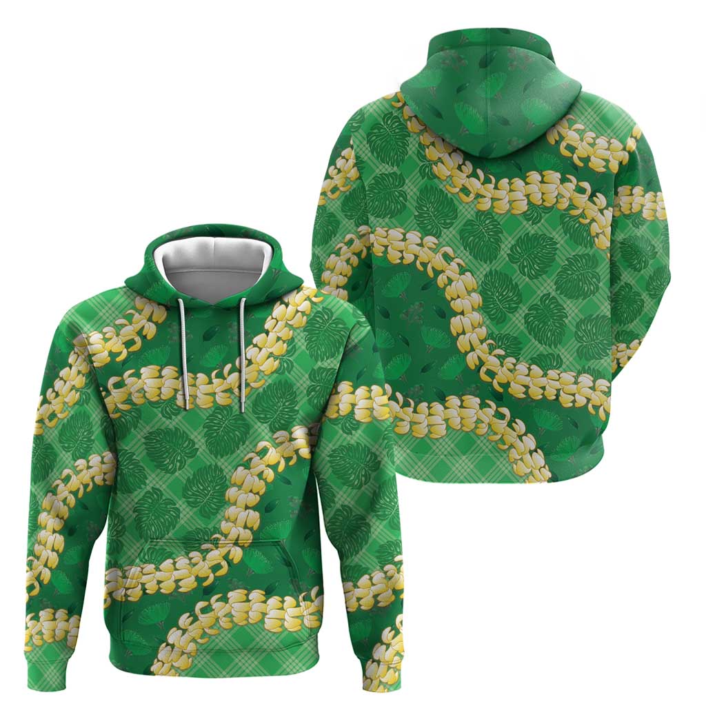 Green Palaka Hawaii Mele Kalikimaka Hoodie Ohia Lehua Monstera Puakenikeni Lei LT14 - Polynesian Pride