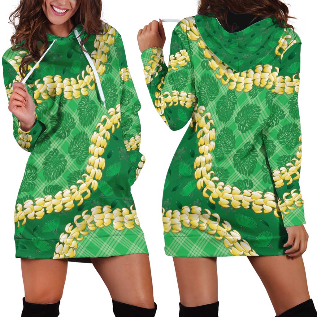 Green Palaka Hawaii Mele Kalikimaka Hoodie Dress Ohia Lehua Monstera Puakenikeni Lei LT14 - Polynesian Pride