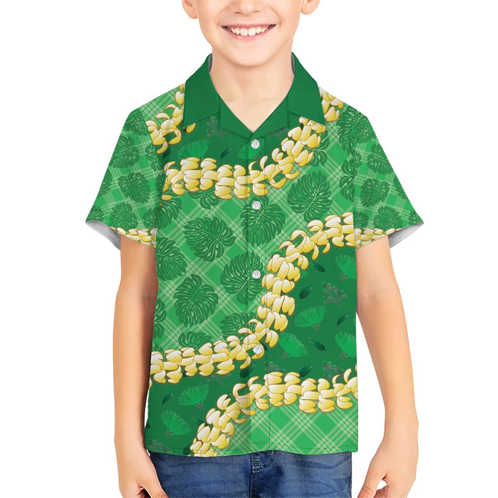 Green Palaka Hawaii Mele Kalikimaka Kid Hawaiian Shirt Ohia Lehua Monstera Puakenikeni Lei LT14 Kid Green - Polynesian Pride