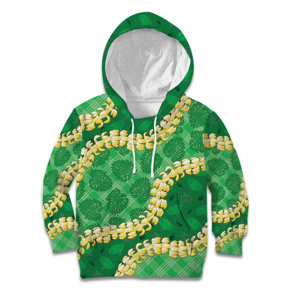 Green Palaka Hawaii Mele Kalikimaka Kid Hoodie Ohia Lehua Monstera Puakenikeni Lei LT14 Hoodie Green - Polynesian Pride