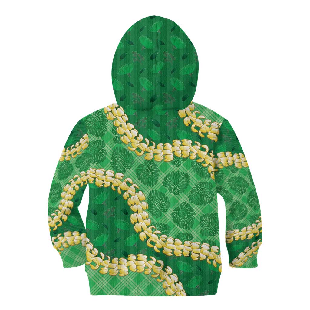 Green Palaka Hawaii Mele Kalikimaka Kid Hoodie Ohia Lehua Monstera Puakenikeni Lei LT14 - Polynesian Pride