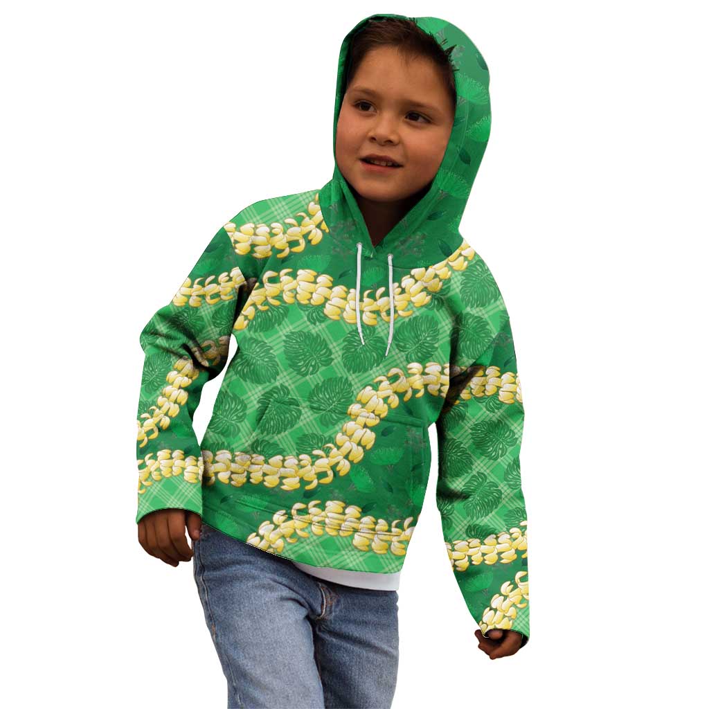 Green Palaka Hawaii Mele Kalikimaka Kid Hoodie Ohia Lehua Monstera Puakenikeni Lei LT14 - Polynesian Pride