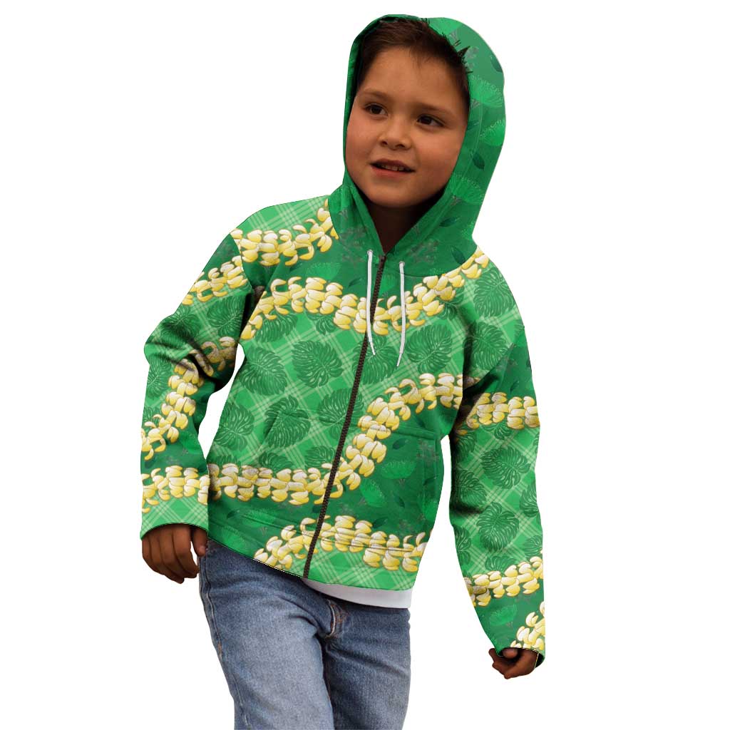 Green Palaka Hawaii Mele Kalikimaka Kid Hoodie Ohia Lehua Monstera Puakenikeni Lei LT14 - Polynesian Pride