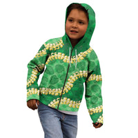Green Palaka Hawaii Mele Kalikimaka Kid Hoodie Ohia Lehua Monstera Puakenikeni Lei LT14 - Polynesian Pride