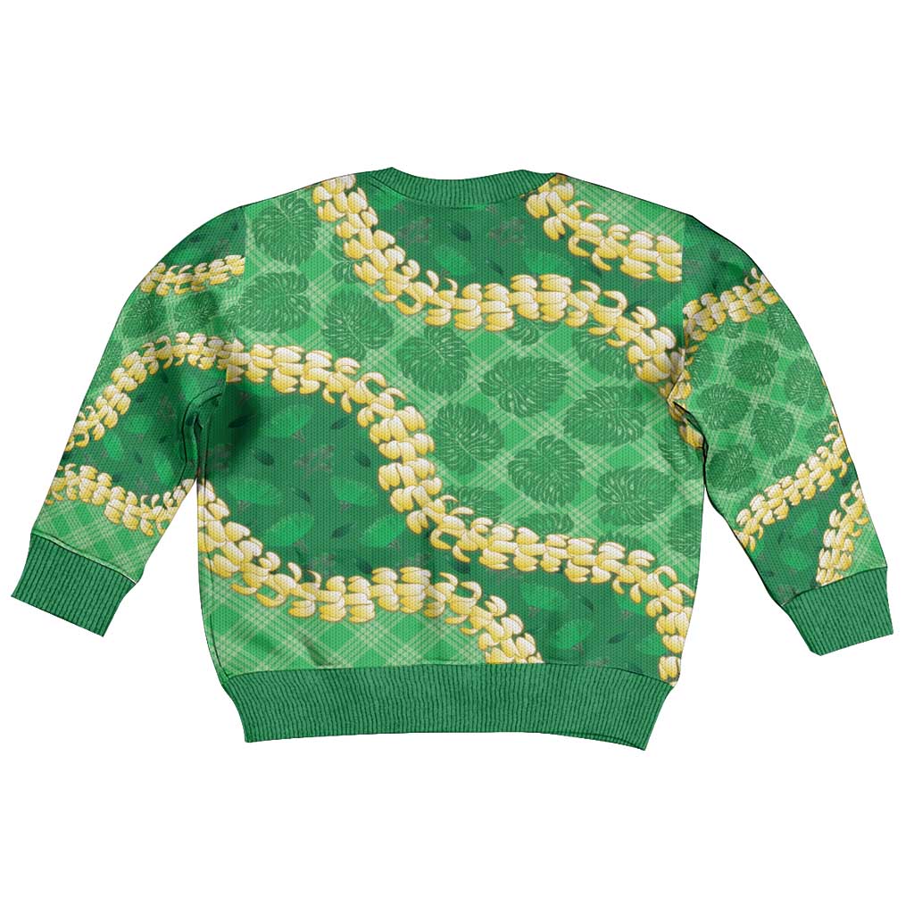 Green Palaka Hawaii Mele Kalikimaka Kid Ugly Christmas Sweater Ohia Lehua Monstera Puakenikeni Lei LT14 - Polynesian Pride