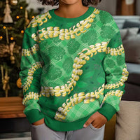Green Palaka Hawaii Mele Kalikimaka Kid Ugly Christmas Sweater Ohia Lehua Monstera Puakenikeni Lei LT14 - Polynesian Pride
