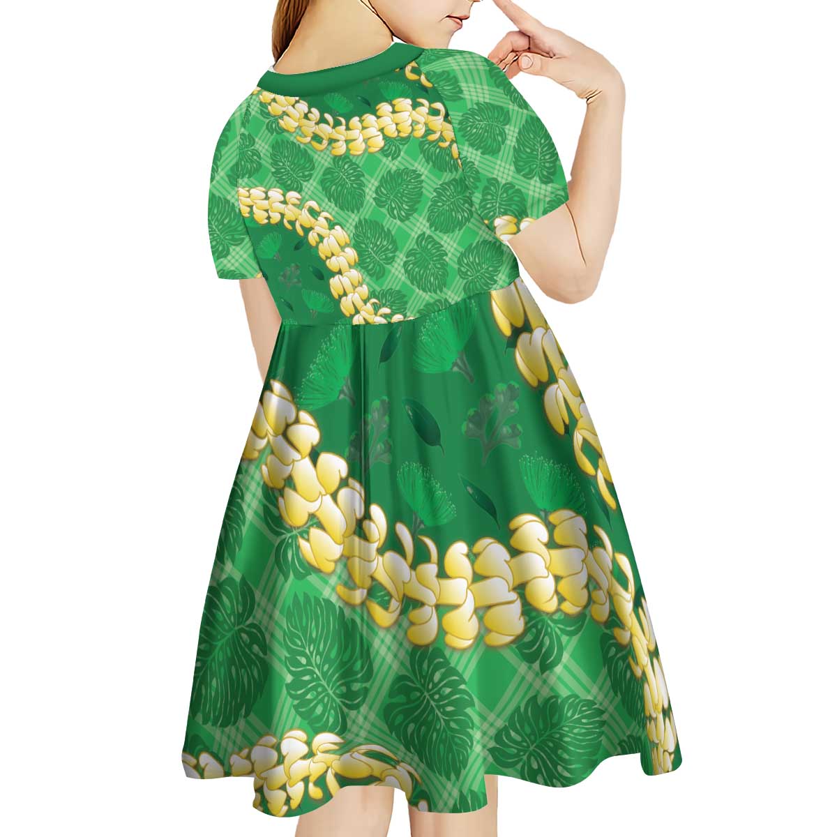 Green Palaka Hawaii Mele Kalikimaka Kid Short Sleeve Dress Ohia Lehua Monstera Puakenikeni Lei LT14 - Polynesian Pride