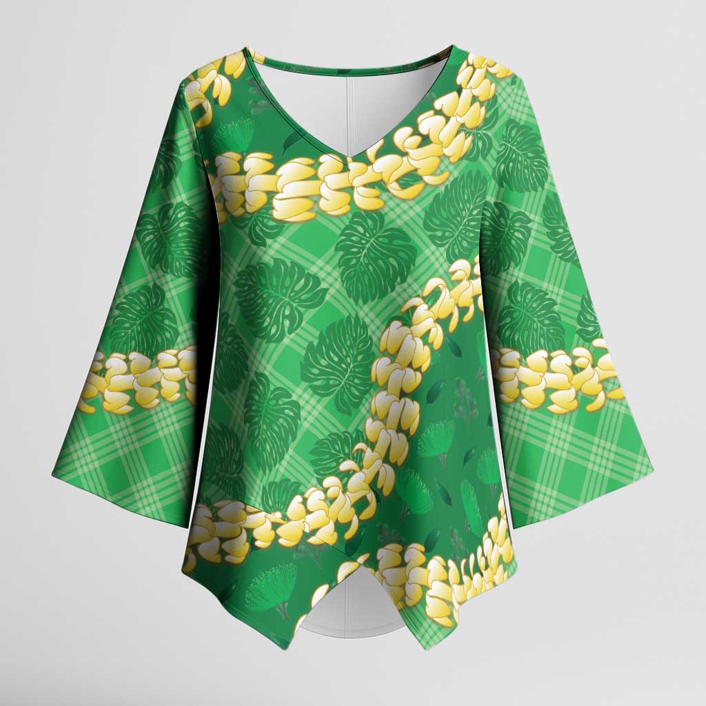 Green Palaka Hawaii Mele Kalikimaka Kimono Sleeve Blouse Ohia Lehua Monstera Puakenikeni Lei - Polynesian Pride