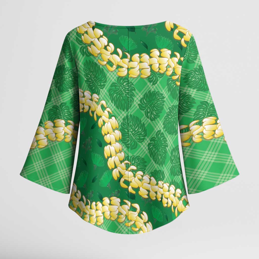 Green Palaka Hawaii Mele Kalikimaka Kimono Sleeve Blouse Ohia Lehua Monstera Puakenikeni Lei LT14 - Polynesian Pride