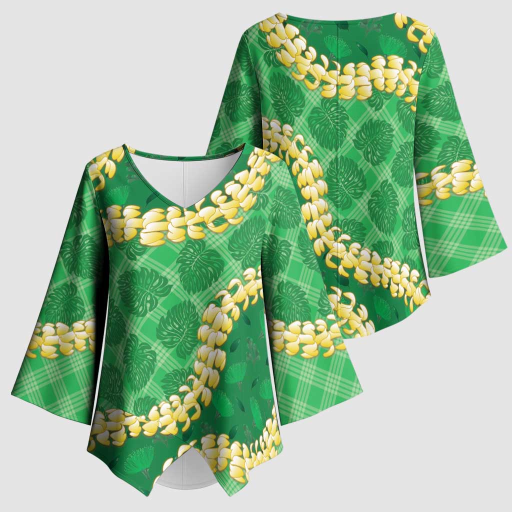 Green Palaka Hawaii Mele Kalikimaka Kimono Sleeve Blouse Ohia Lehua Monstera Puakenikeni Lei LT14 - Polynesian Pride