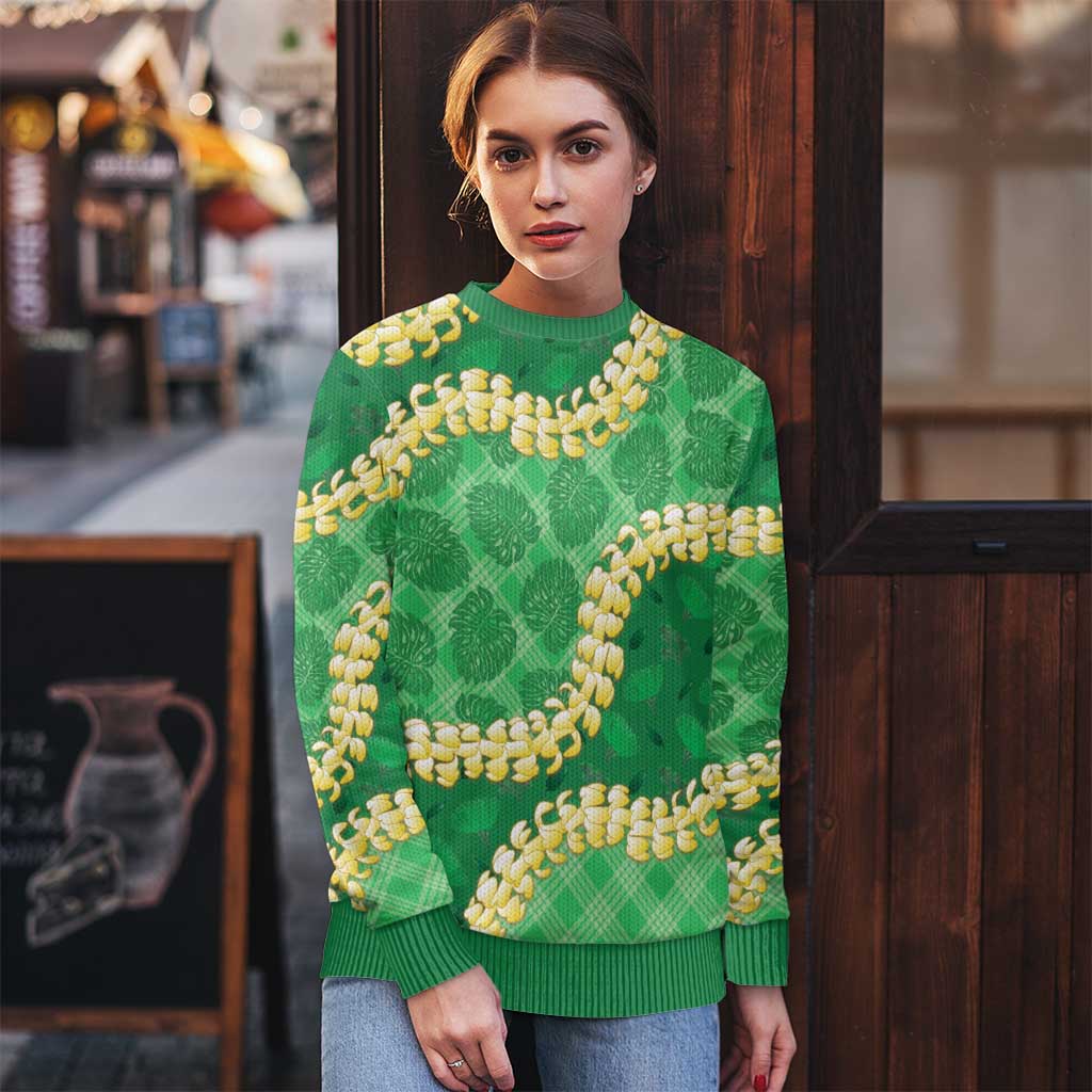 Green Palaka Hawaii Mele Kalikimaka Ugly Christmas Sweater Ohia Lehua Monstera Puakenikeni Lei LT14 - Polynesian Pride