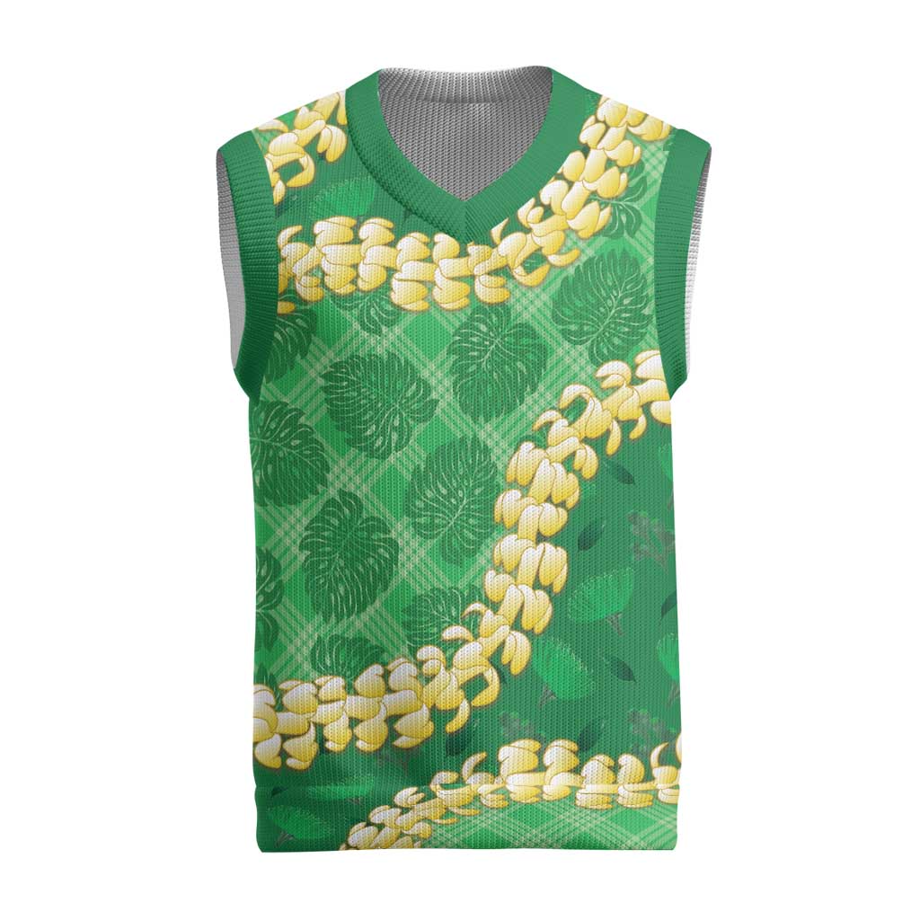 Green Palaka Hawaii Mele Kalikimaka Christmas Knitted V-Neck Vest Ohia Lehua Monstera Puakenikeni Lei LT14 Green - Polynesian Pride