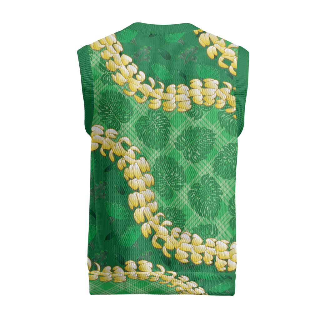 Green Palaka Hawaii Mele Kalikimaka Christmas Knitted V-Neck Vest Ohia Lehua Monstera Puakenikeni Lei LT14 - Polynesian Pride