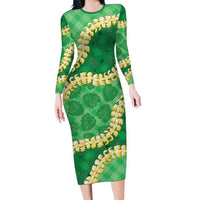 Green Palaka Hawaii Mele Kalikimaka Long Sleeve Bodycon Dress Ohia Lehua Monstera Puakenikeni Lei LT14 Long Dress Green - Polynesian Pride