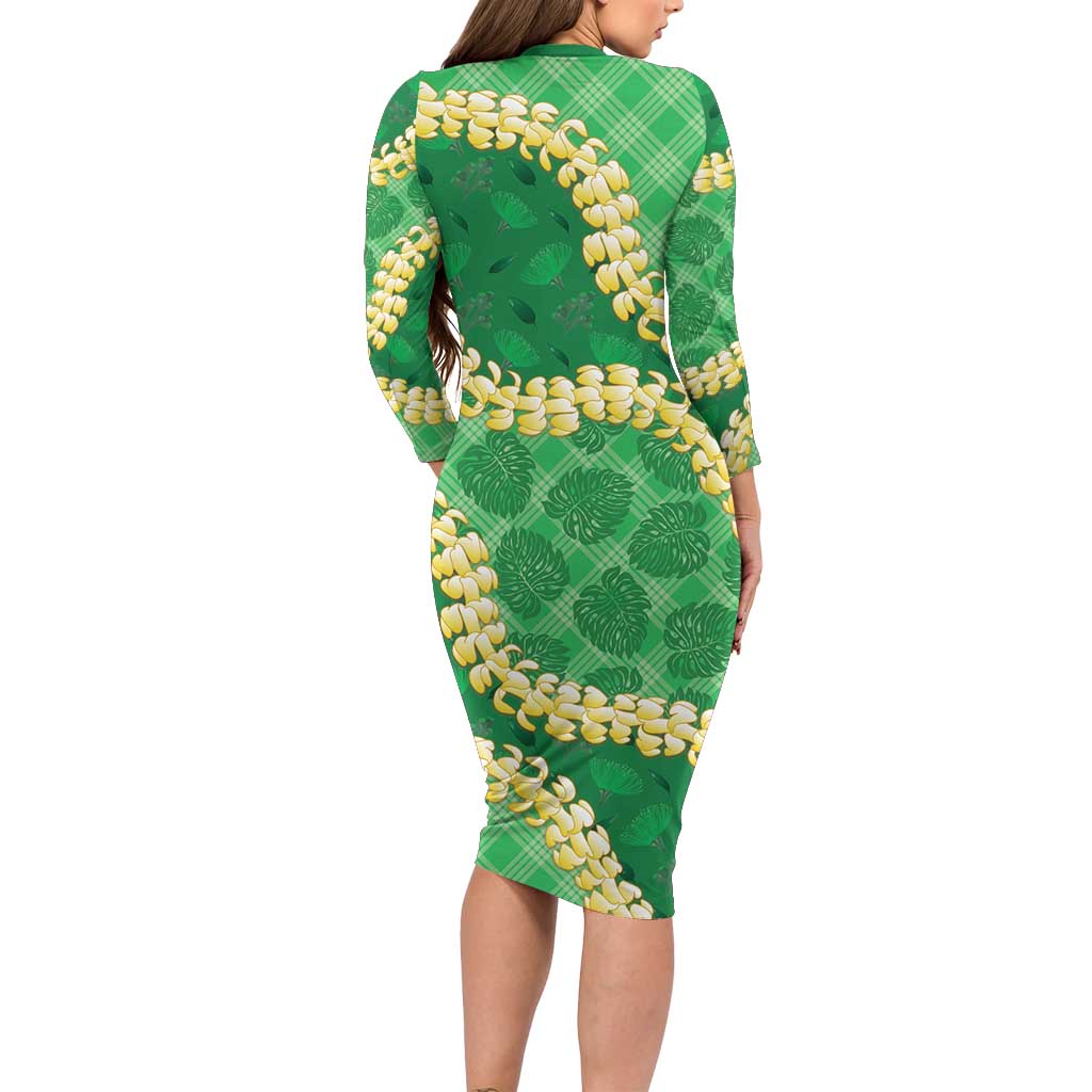 Green Palaka Hawaii Mele Kalikimaka Long Sleeve Bodycon Dress Ohia Lehua Monstera Puakenikeni Lei LT14 - Polynesian Pride