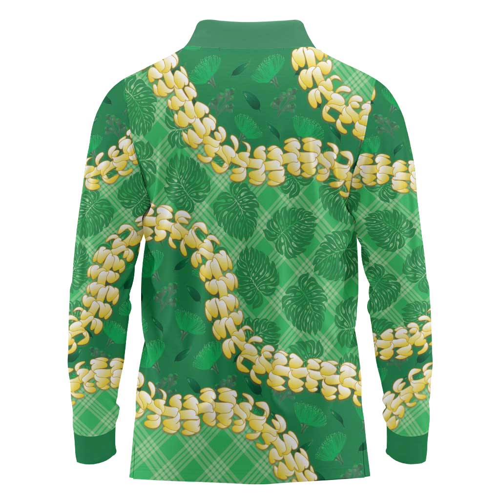 Green Palaka Hawaii Mele Kalikimaka Long Sleeve Polo Shirt Ohia Lehua Monstera Puakenikeni Lei LT14 - Polynesian Pride