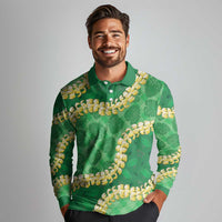 Green Palaka Hawaii Mele Kalikimaka Long Sleeve Polo Shirt Ohia Lehua Monstera Puakenikeni Lei LT14 - Polynesian Pride