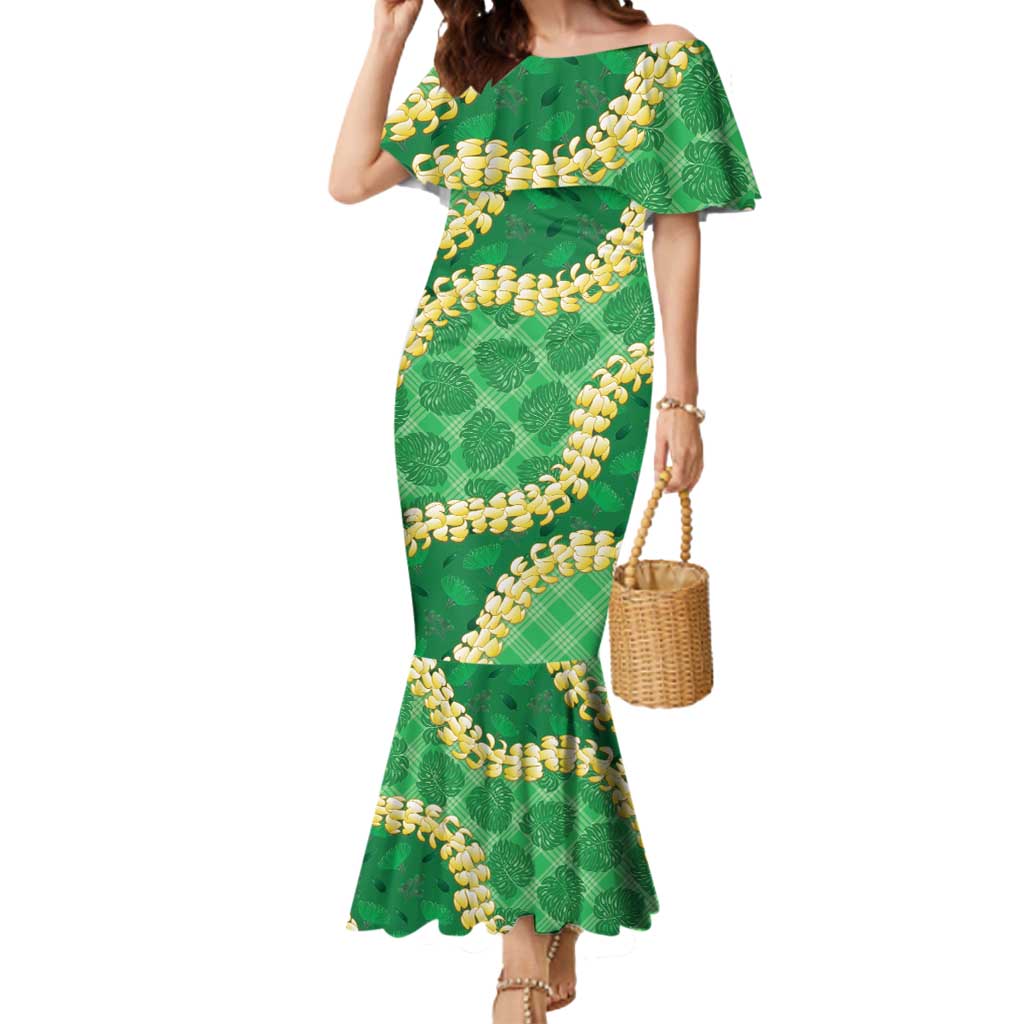 Green Palaka Hawaii Mele Kalikimaka Mermaid Dress Ohia Lehua Monstera Puakenikeni Lei LT14 Women Green - Polynesian Pride