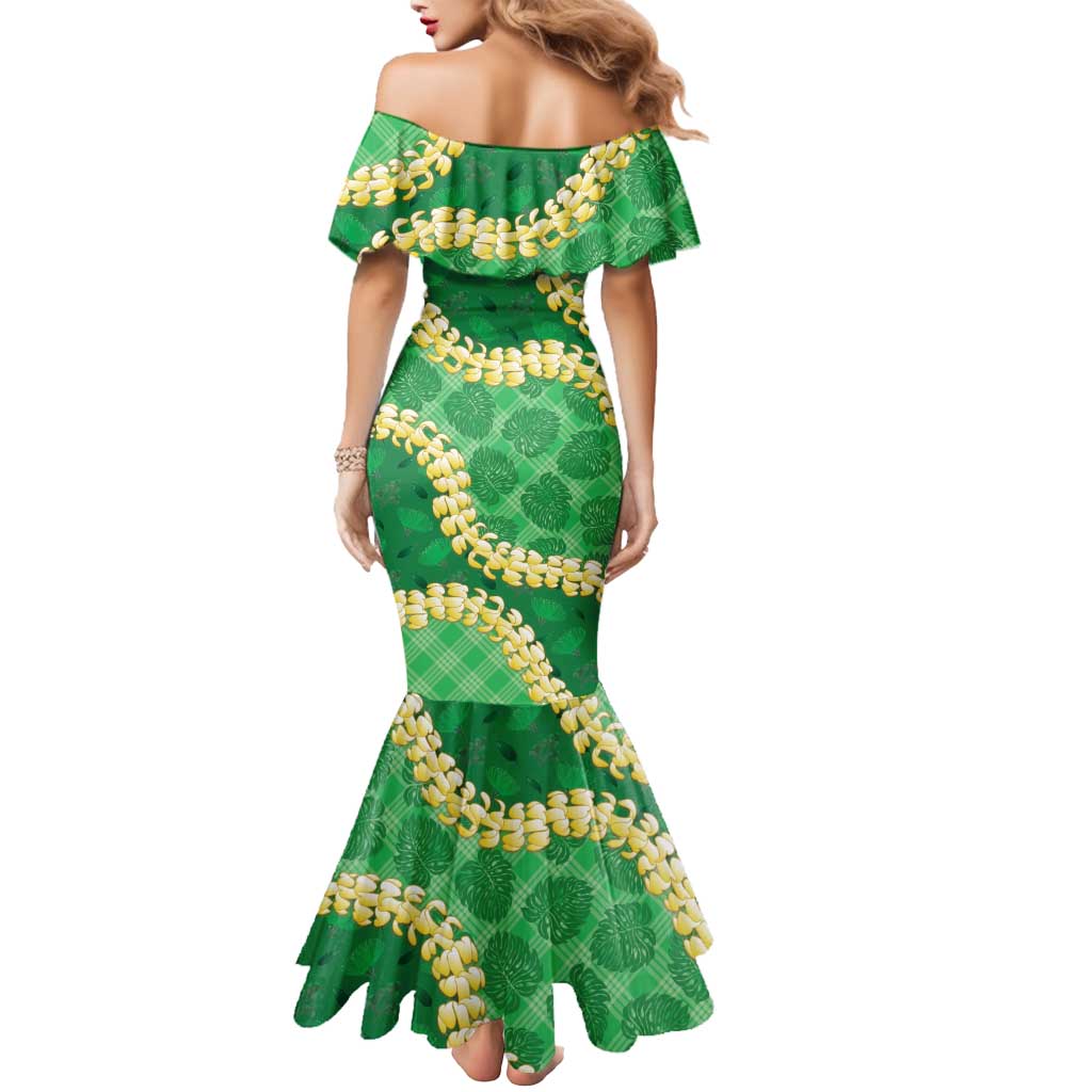 Green Palaka Hawaii Mele Kalikimaka Mermaid Dress Ohia Lehua Monstera Puakenikeni Lei LT14 - Polynesian Pride