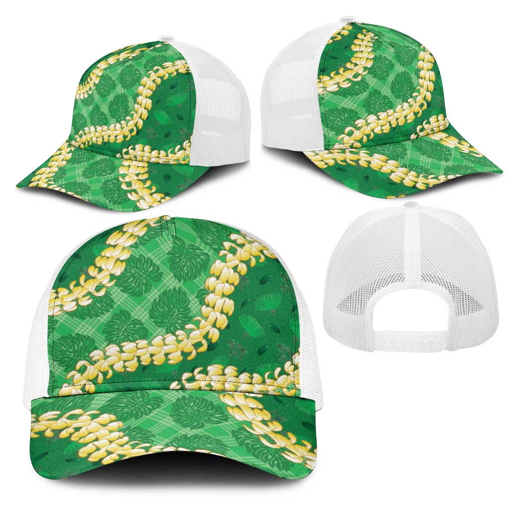 Green Palaka Hawaii Mele Kalikimaka Mesh Trucker Cap Ohia Lehua Monstera Puakenikeni Lei - Polynesian Pride