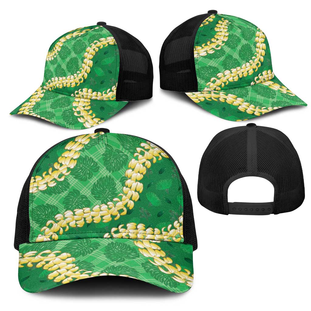 Green Palaka Hawaii Mele Kalikimaka Mesh Trucker Cap Ohia Lehua Monstera Puakenikeni Lei - Polynesian Pride