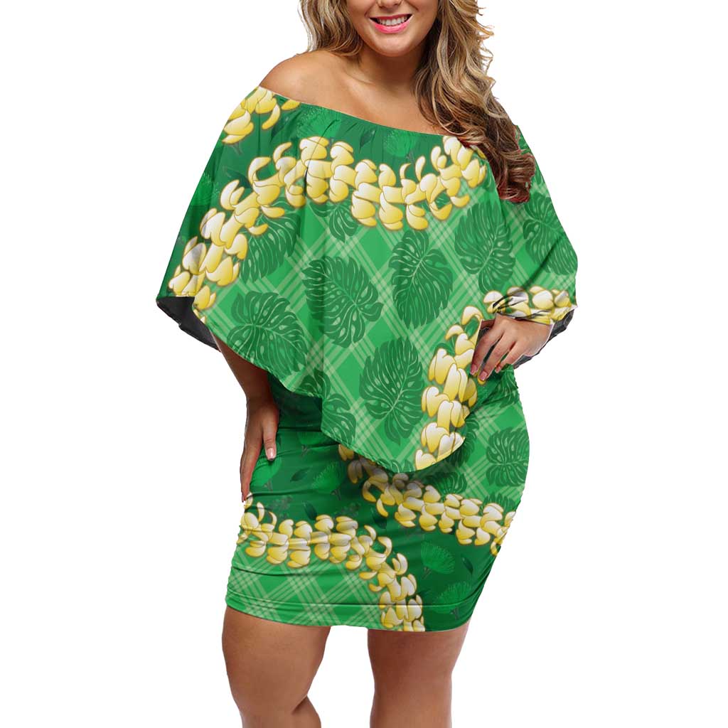 Green Palaka Hawaii Mele Kalikimaka Off Shoulder Short Dress Ohia Lehua Monstera Puakenikeni Lei LT14 Women Green - Polynesian Pride