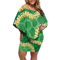 Green Palaka Hawaii Mele Kalikimaka Off Shoulder Short Dress Ohia Lehua Monstera Puakenikeni Lei LT14 Women Green - Polynesian Pride