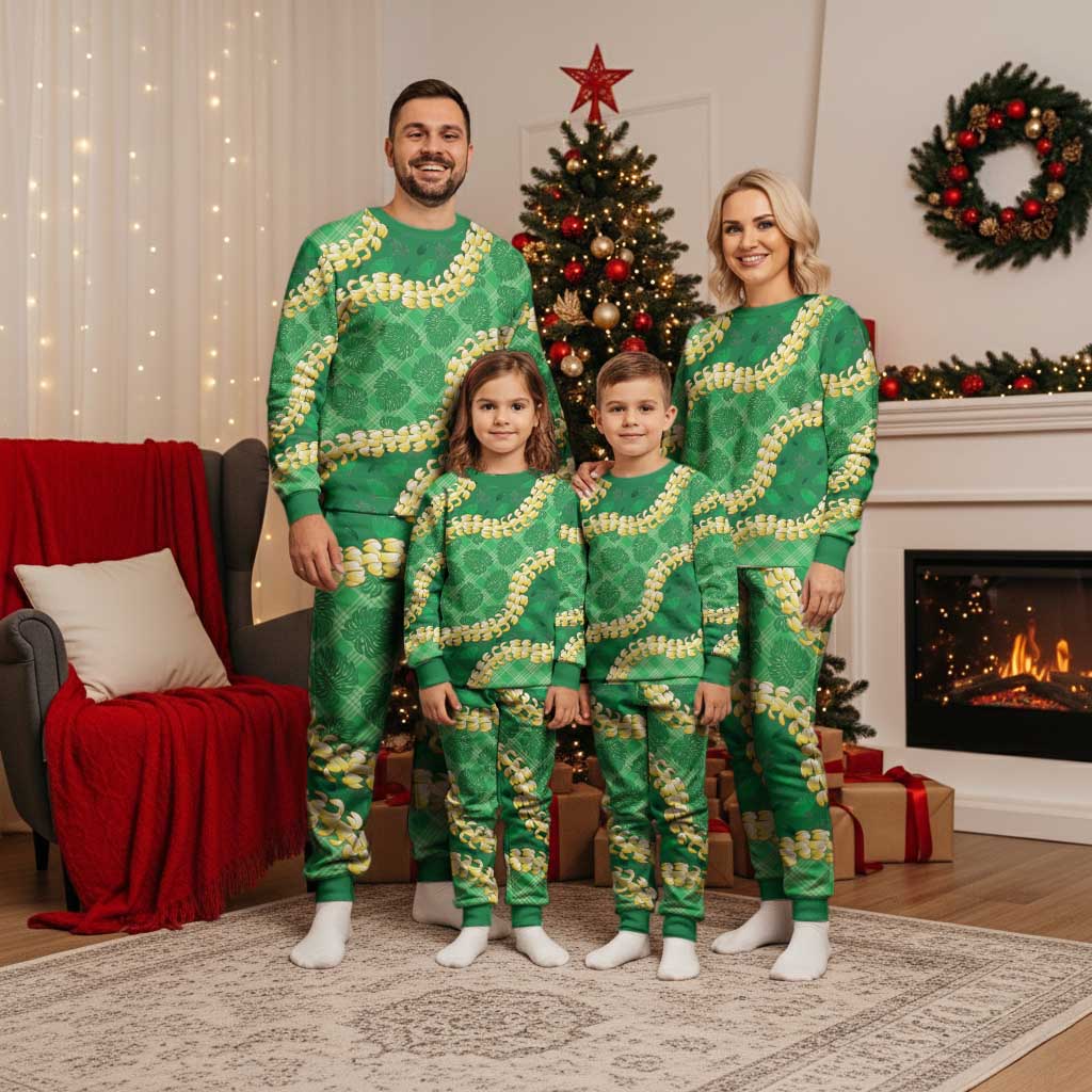 Green Palaka Hawaii Mele Kalikimaka Christmas Pajama Set Ohia Lehua Monstera Puakenikeni Lei - Polynesian Pride