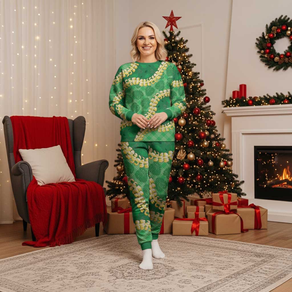 Green Palaka Hawaii Mele Kalikimaka Christmas Pajama Set Ohia Lehua Monstera Puakenikeni Lei LT14 Women Green - Polynesian Pride