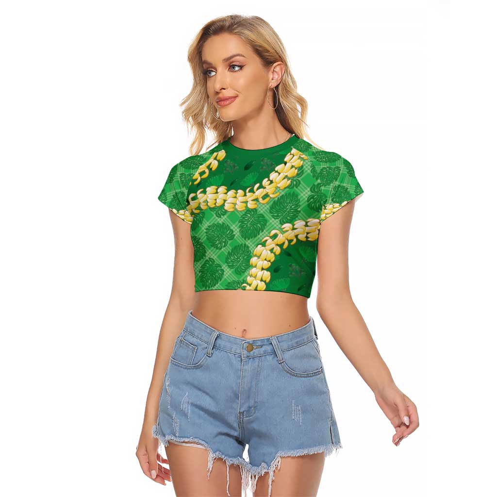 Green Palaka Hawaii Mele Kalikimaka Raglan Cropped T Shirt Ohia Lehua Monstera Puakenikeni Lei LT14 Female Green - Polynesian Pride