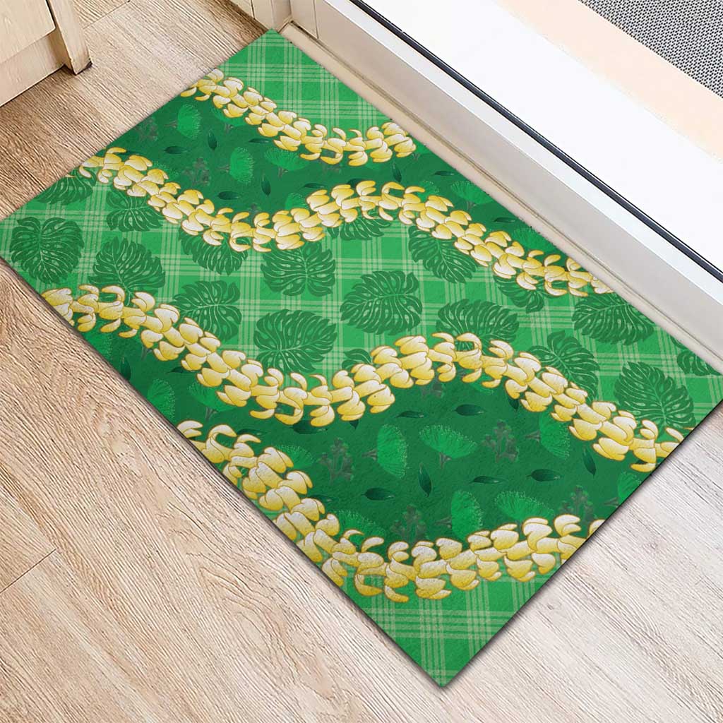 Green Palaka Hawaii Mele Kalikimaka Rubber Doormat Ohia Lehua Monstera Puakenikeni Lei - Polynesian Pride