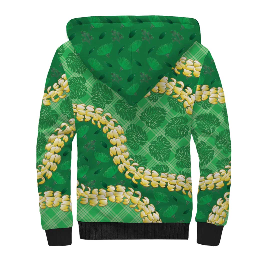 Green Palaka Hawaii Mele Kalikimaka Sherpa Hoodie Ohia Lehua Monstera Puakenikeni Lei LT14 - Polynesian Pride