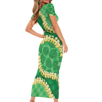 Green Palaka Hawaii Mele Kalikimaka Short Sleeve Bodycon Dress Ohia Lehua Monstera Puakenikeni Lei LT14 - Polynesian Pride