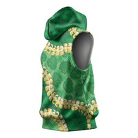 Green Palaka Hawaii Mele Kalikimaka Sleeveless Hoodie Ohia Lehua Monstera Puakenikeni Lei LT14 - Polynesian Pride
