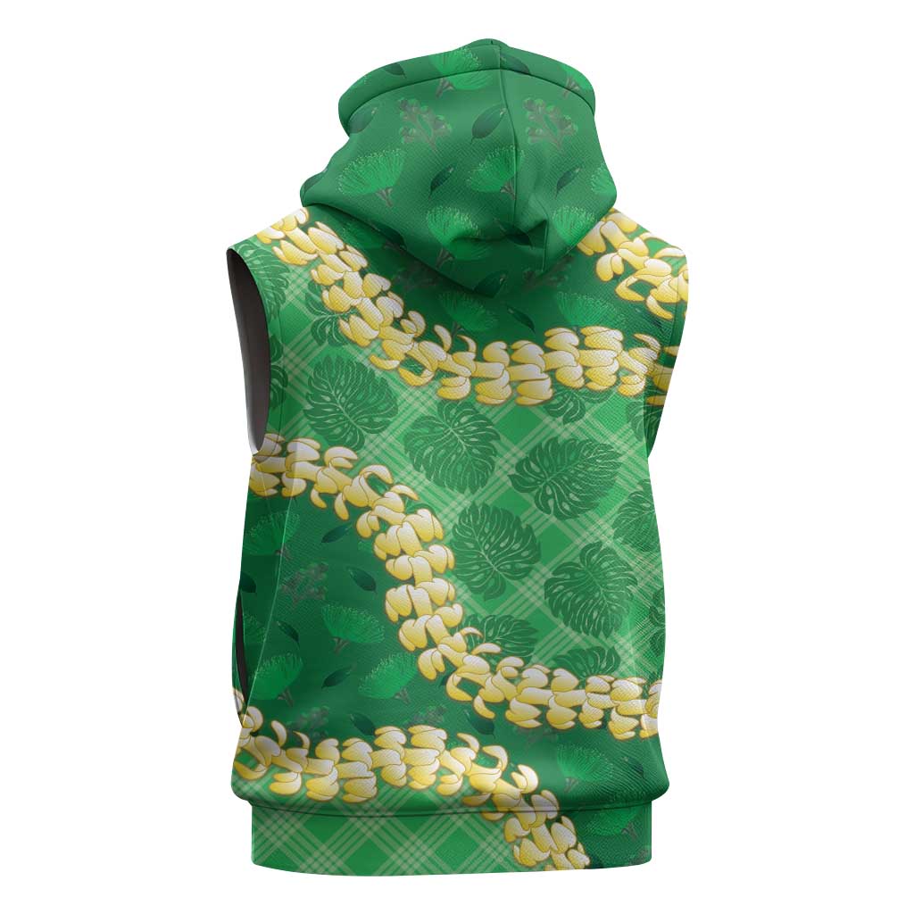 Green Palaka Hawaii Mele Kalikimaka Sleeveless Zip Hoodie Ohia Lehua Monstera Puakenikeni Lei LT14 - Polynesian Pride