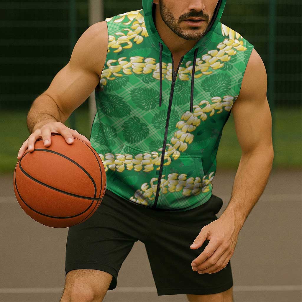 Green Palaka Hawaii Mele Kalikimaka Sleeveless Zip Hoodie Ohia Lehua Monstera Puakenikeni Lei LT14 - Polynesian Pride