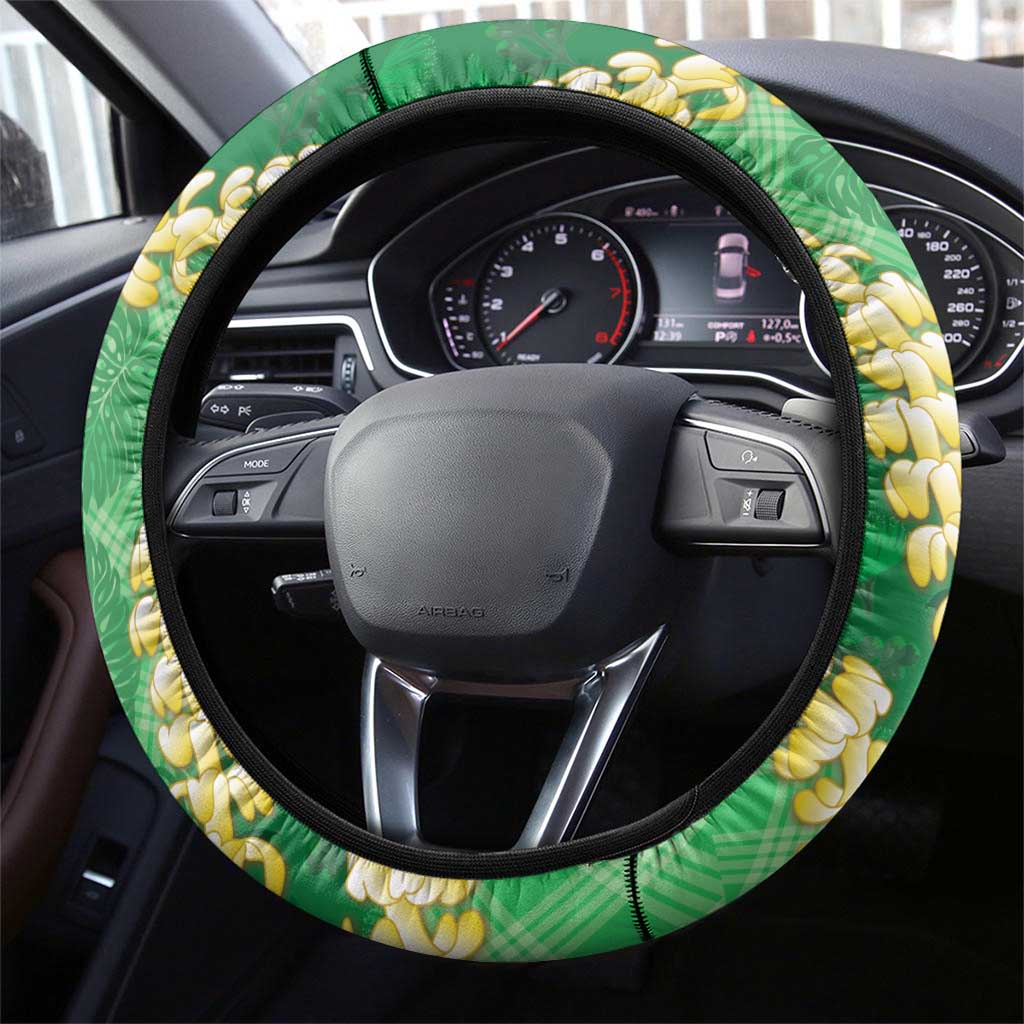 Green Palaka Hawaii Mele Kalikimaka Steering Wheel Cover Ohia Lehua Monstera Puakenikeni Lei LT14 - Polynesian Pride