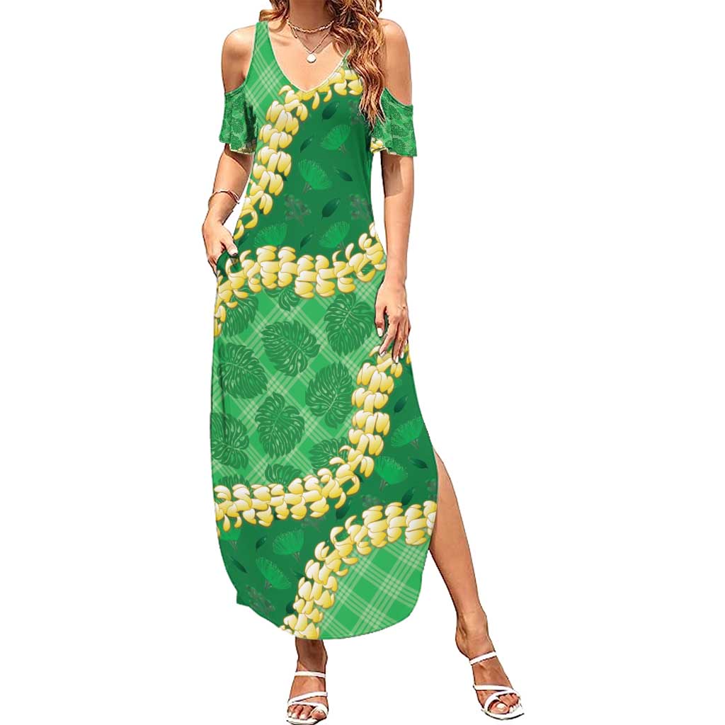 Green Palaka Hawaii Mele Kalikimaka Summer Maxi Dress Ohia Lehua Monstera Puakenikeni Lei LT14 Women Green - Polynesian Pride