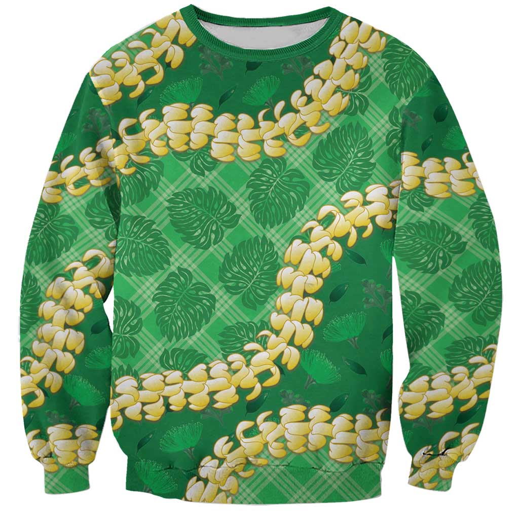 Green Palaka Hawaii Mele Kalikimaka Sweatshirt Ohia Lehua Monstera Puakenikeni Lei - Polynesian Pride